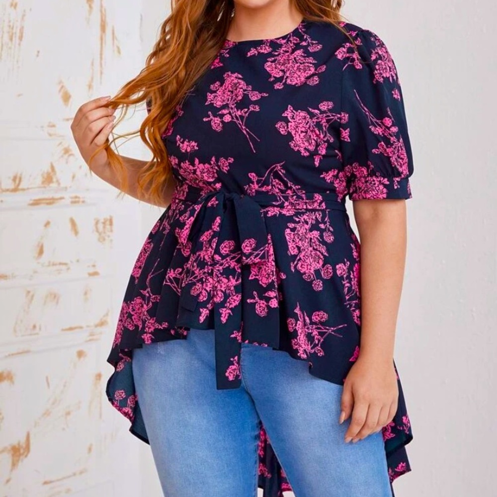 Plus Floral Tie-Waist High-Low Top - Navy & Pink